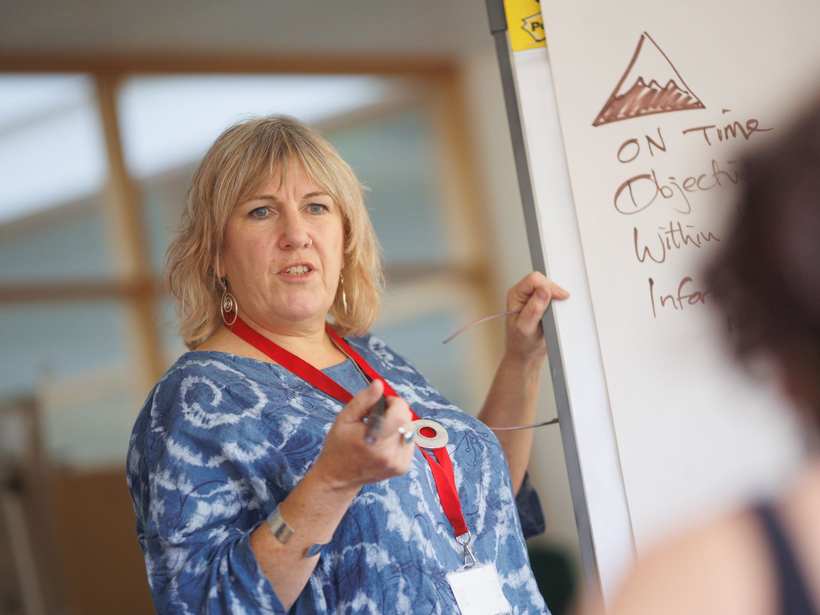 Schoolleider geeft uitleg bij een whiteboard